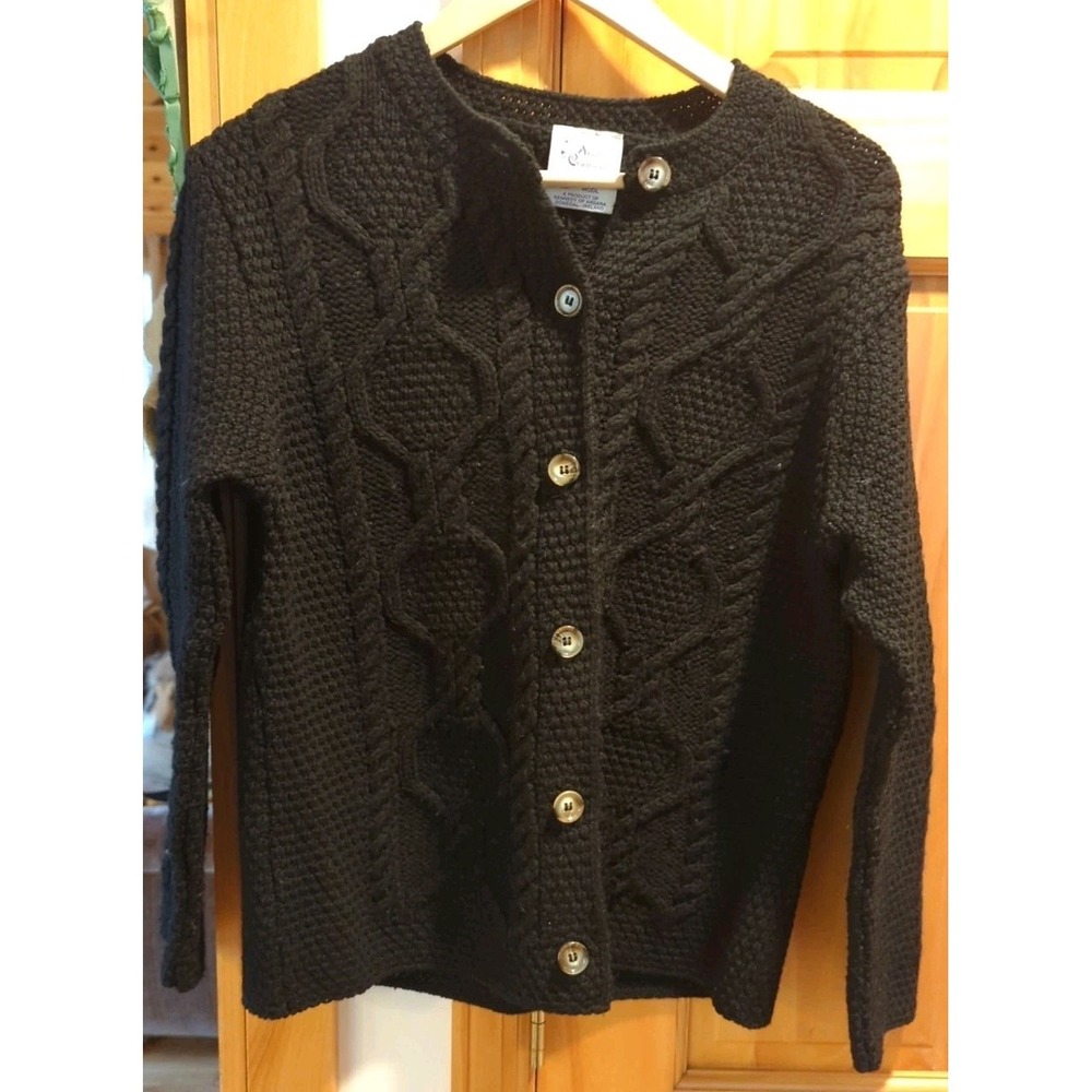 Aran Isles Knitwear 100% Wool Sweater Womens Medium Black Cable‎ Made in Ireland